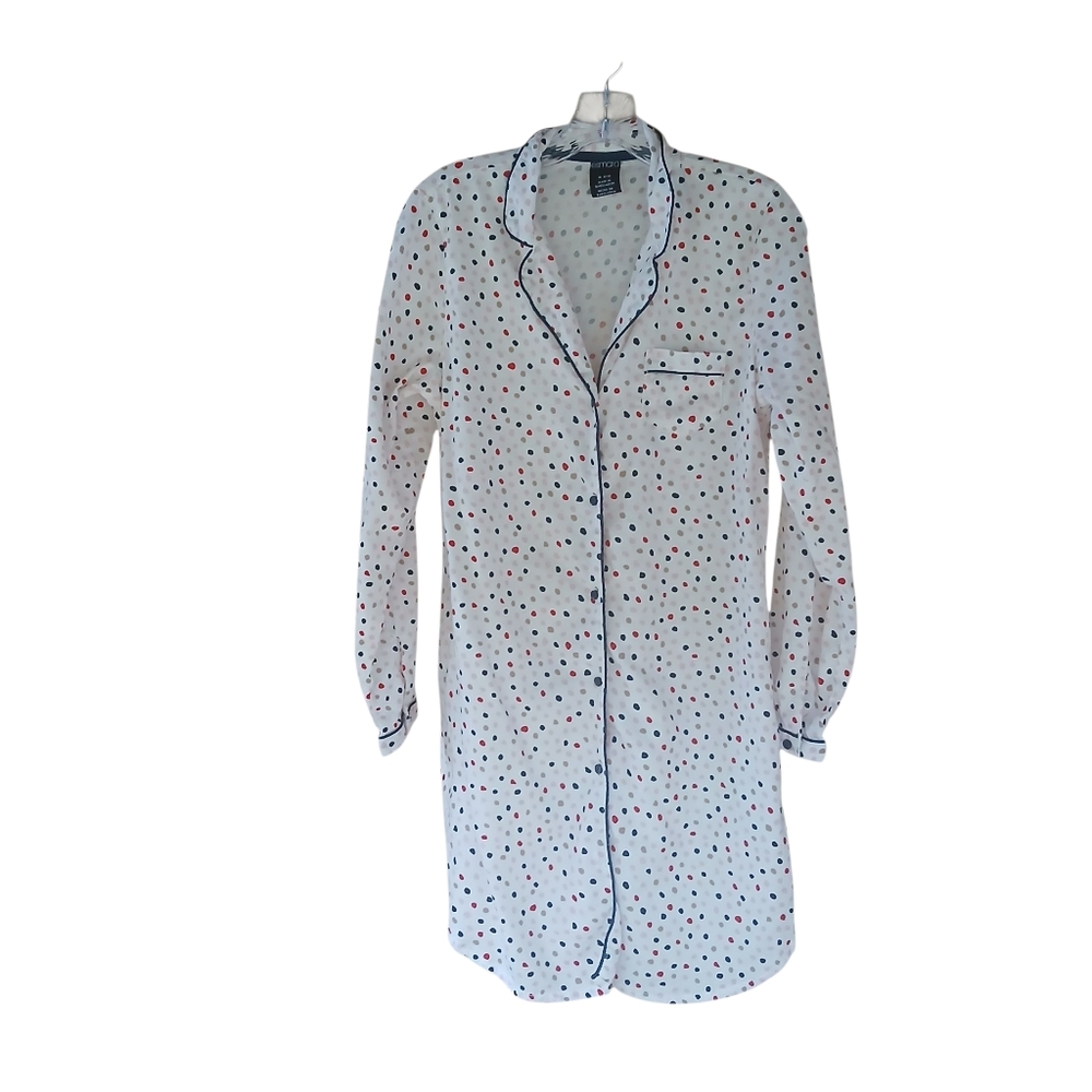 Esmara White Polka Dot Flannel Long Sleeved Button Up Night Shirt Medium